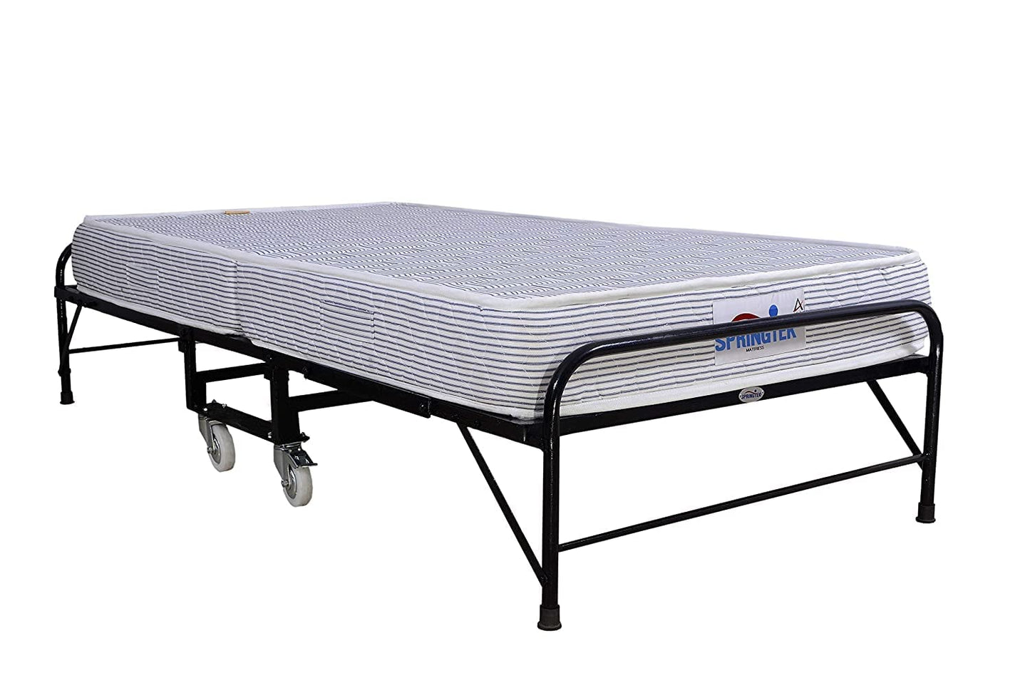 Wrought Iron Metal Folding Single Bed with 6-Inch Contemporary Premium Mattress, Lockable Wheels