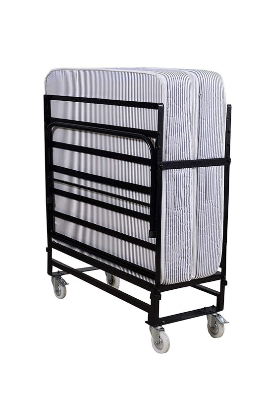 Wrought Iron Metal Folding Single Bed with 6-Inch Contemporary Premium Mattress, Lockable Wheels