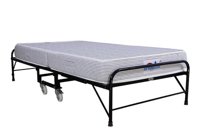 Wrought Iron Metal Folding Single Bed with 6-Inch Contemporary Premium Mattress, Lockable Wheels